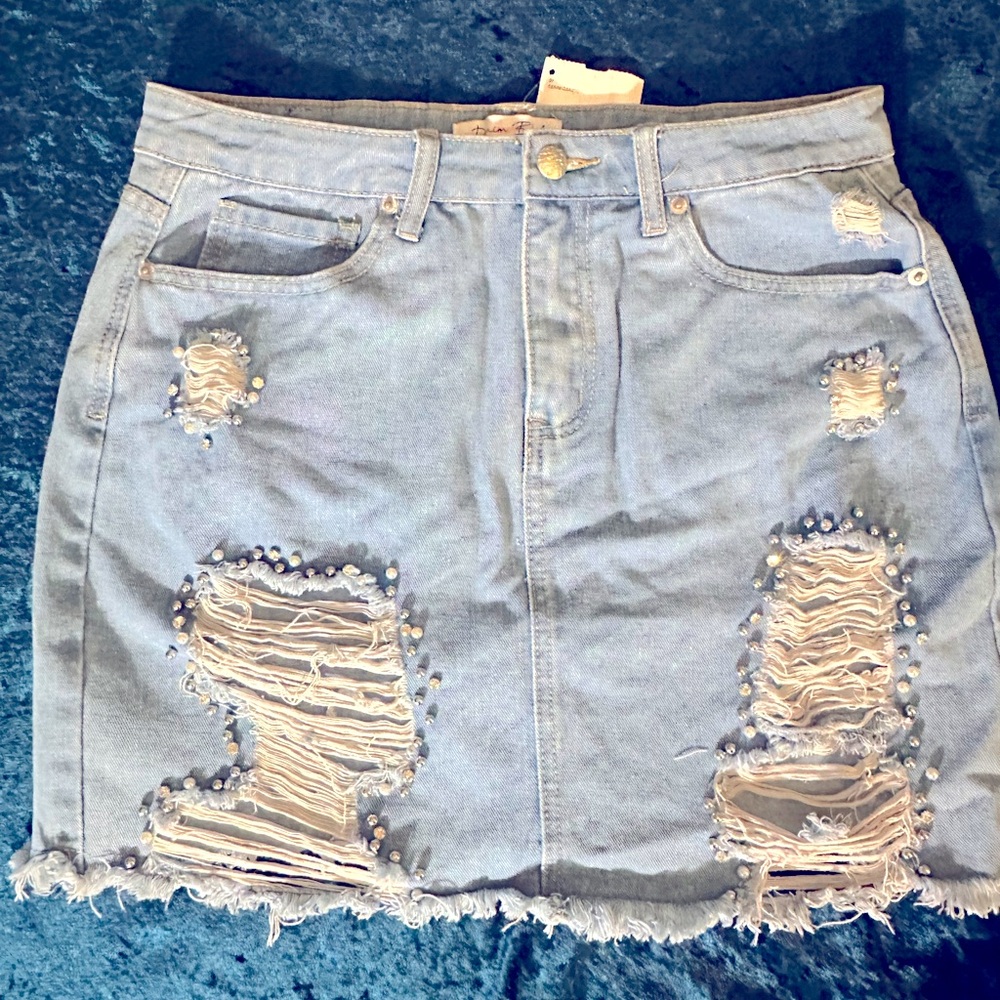 Cut-off Jean/Denim Skirt with Jeweled Accents - Size Large, NWT